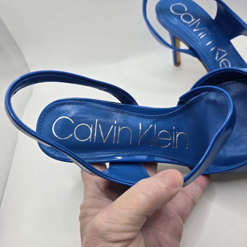 Calvin Klein Bright Blue Patent Pointed-Toe Slingback Spike Heel Pumps. Sz 8M - Picture 3 of 9